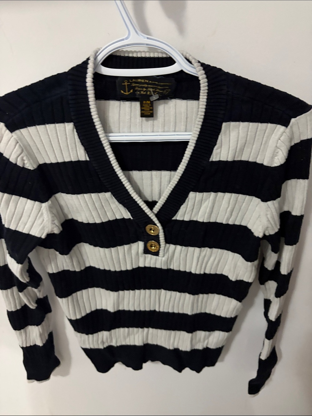 Lauren Ralph Lauren Black & White Striped V-Neck Sweater with Button Placket